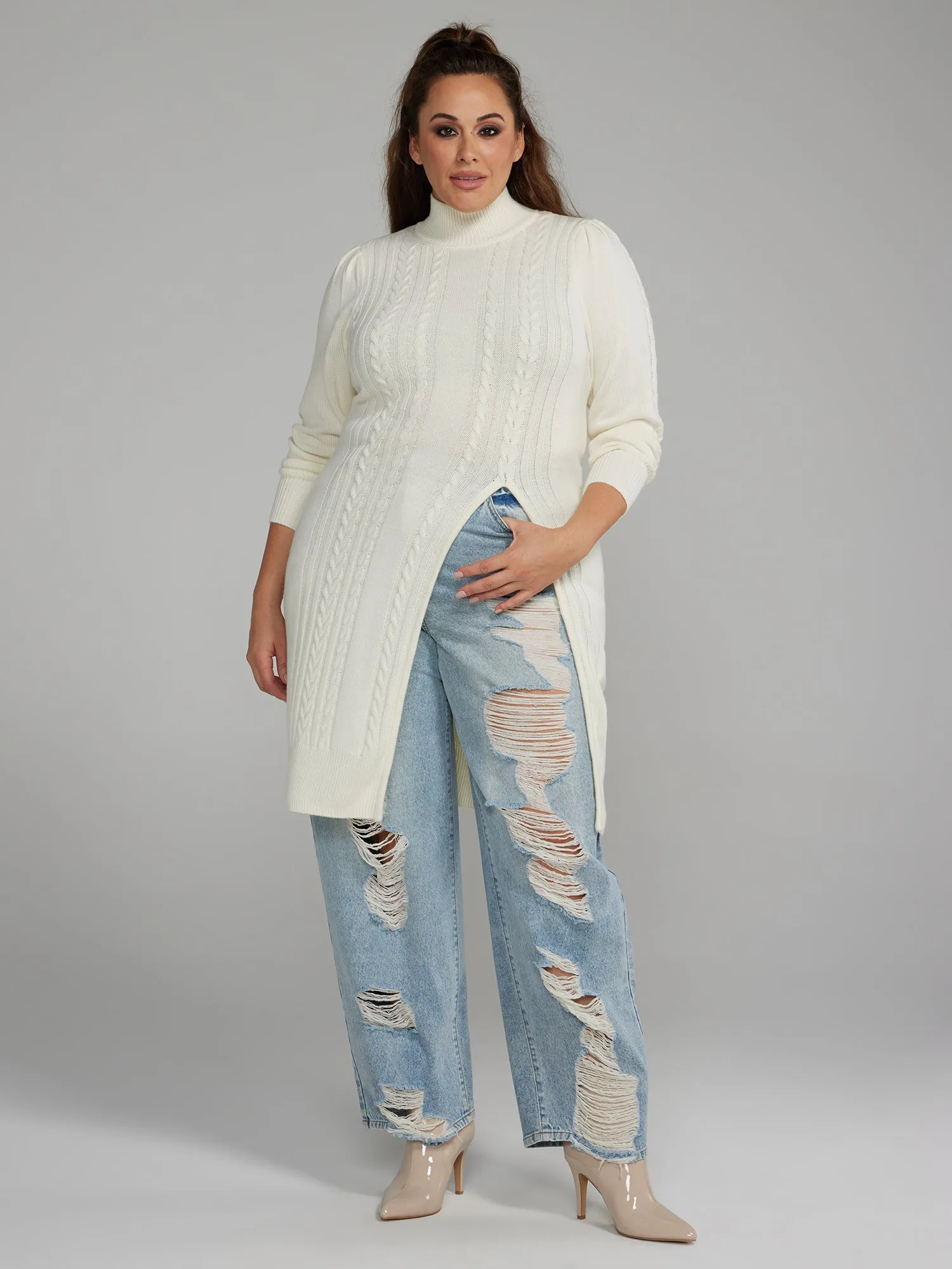 Fashion To Figure - Cable Knit Side Slit Long Sweater