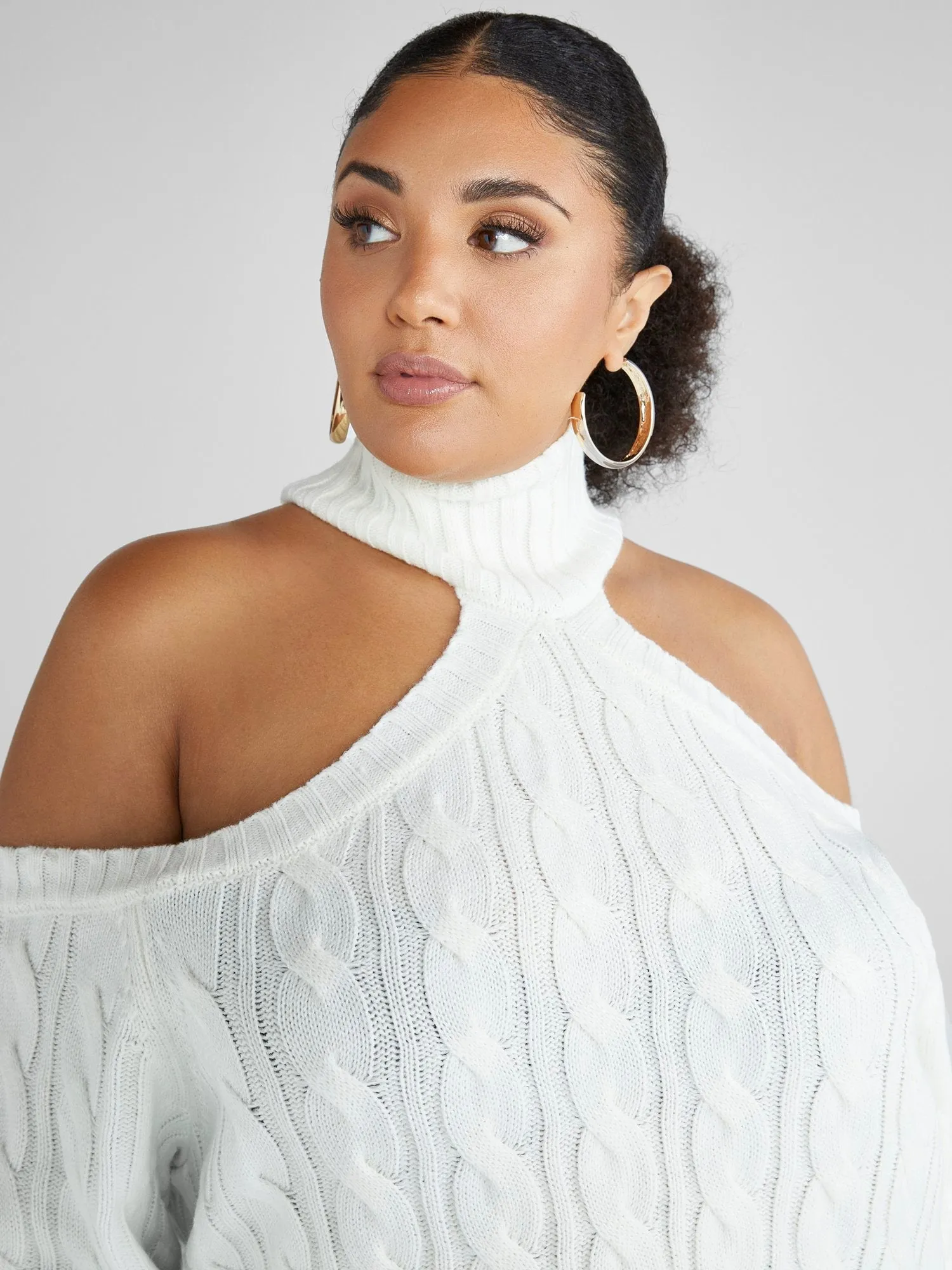 Fashion To Figure - Leigh Cold Shoulder Cable Knit Sweater