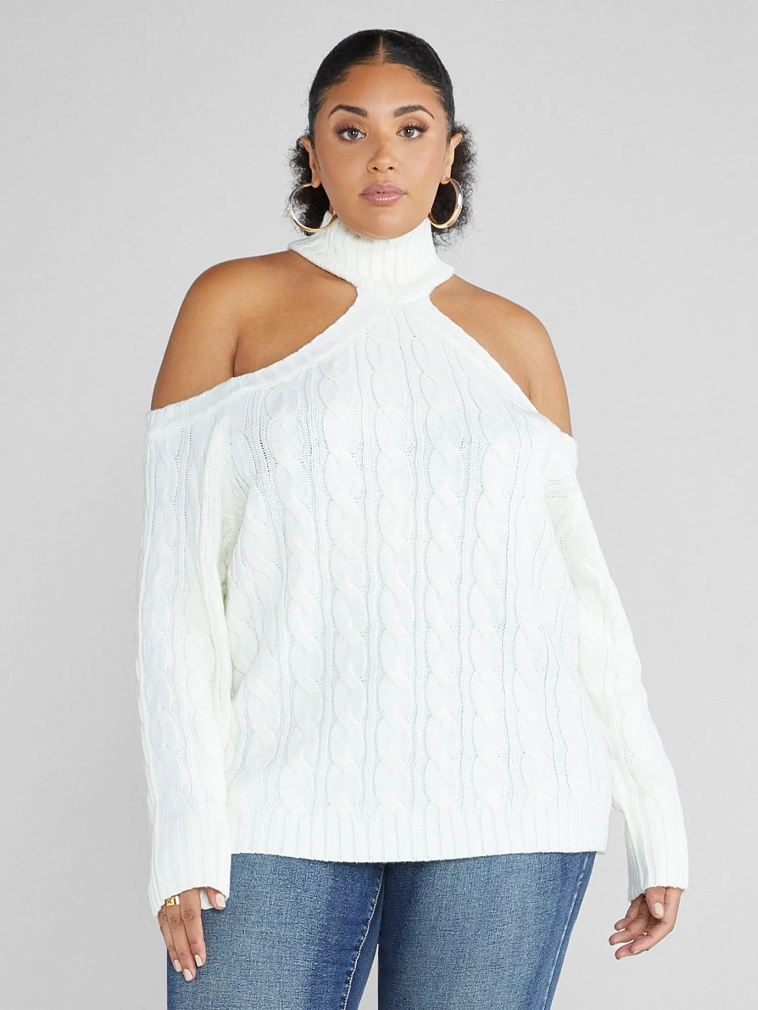 Fashion To Figure - Leigh Cold Shoulder Cable Knit Sweater