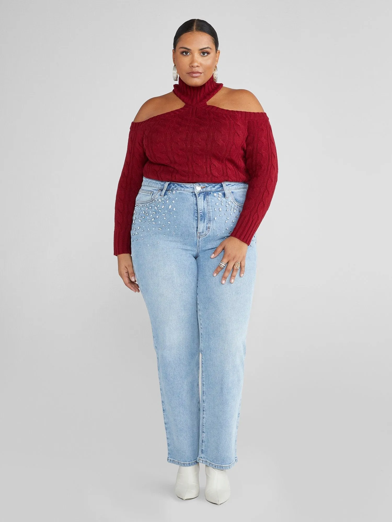 Fashion To Figure - Leigh Cold Shoulder Cable Knit Sweater