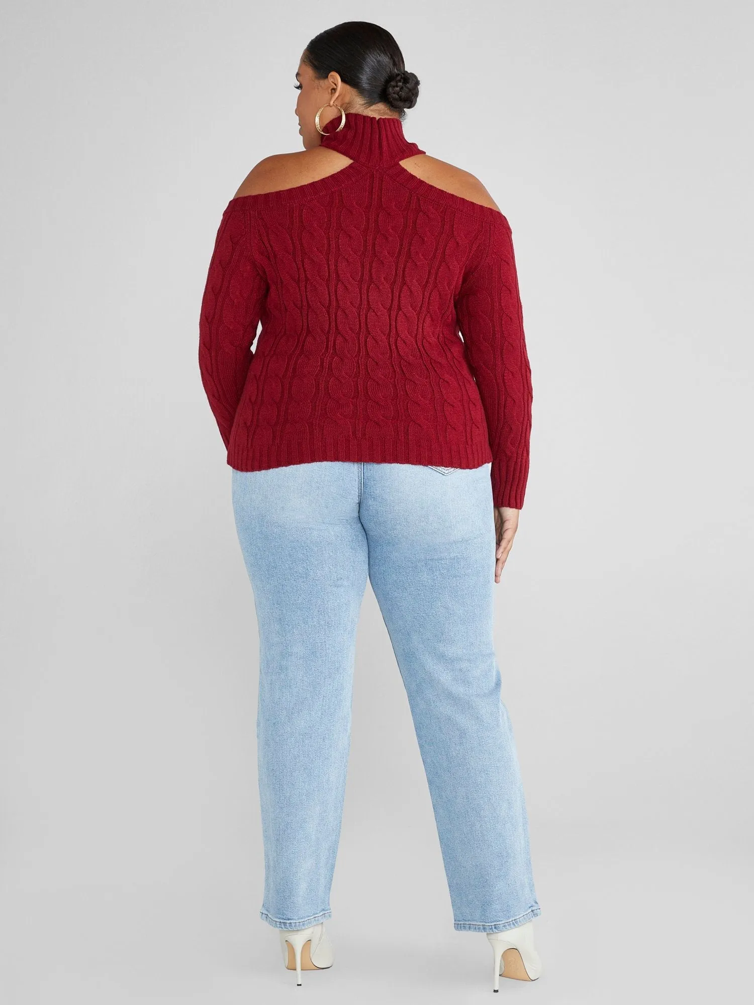 Fashion To Figure - Leigh Cold Shoulder Cable Knit Sweater