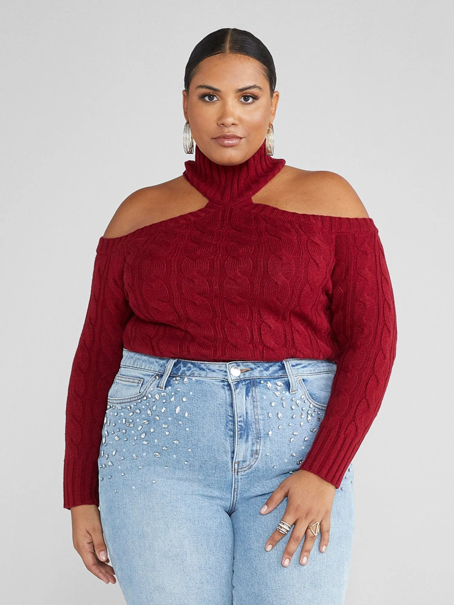 Fashion To Figure - Leigh Cold Shoulder Cable Knit Sweater