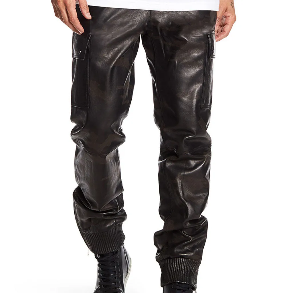 Men's Black Leather Ribbed Long Pants MP16