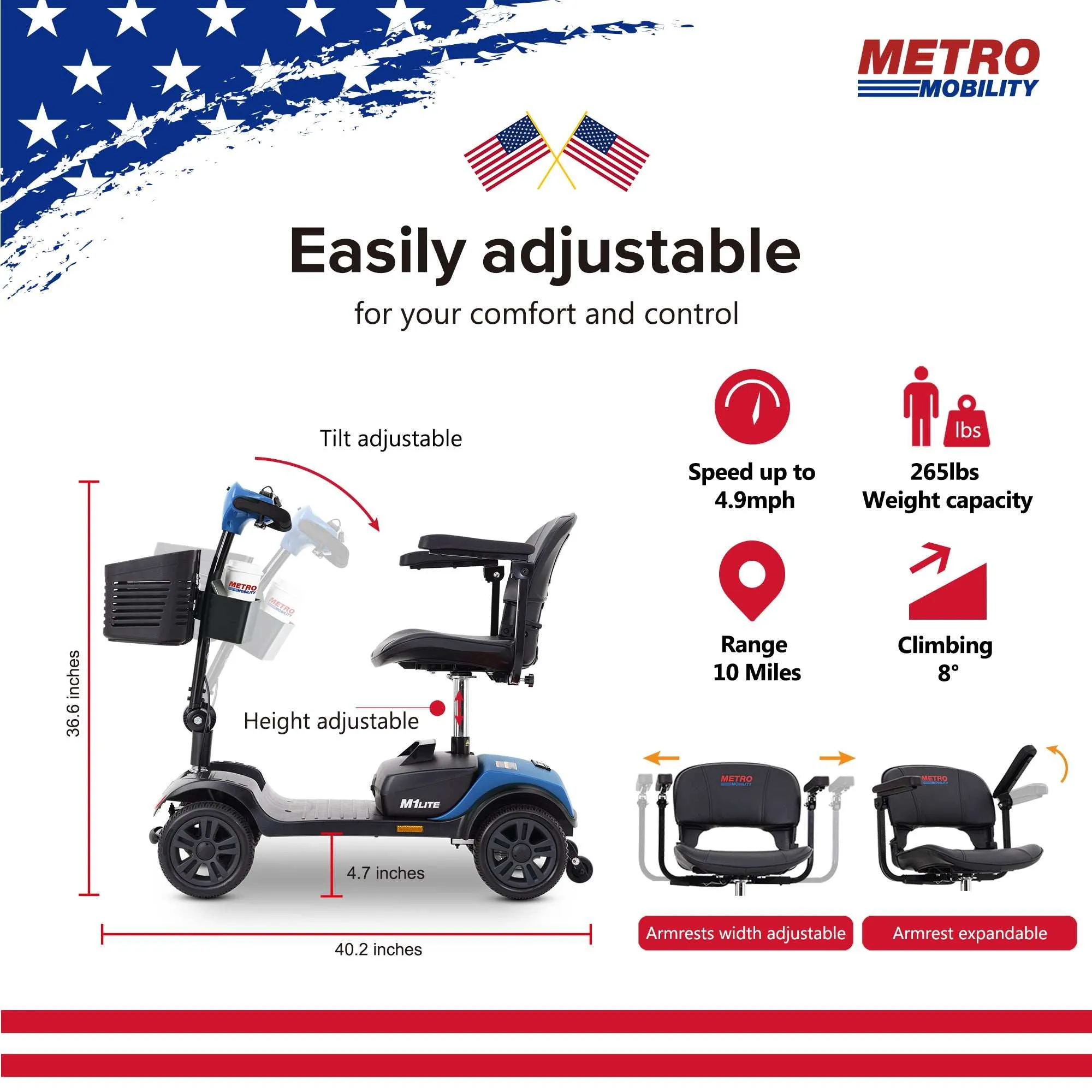 Metro Mobility M1 Lite Series 4-Wheel Travel Mobility Scooter