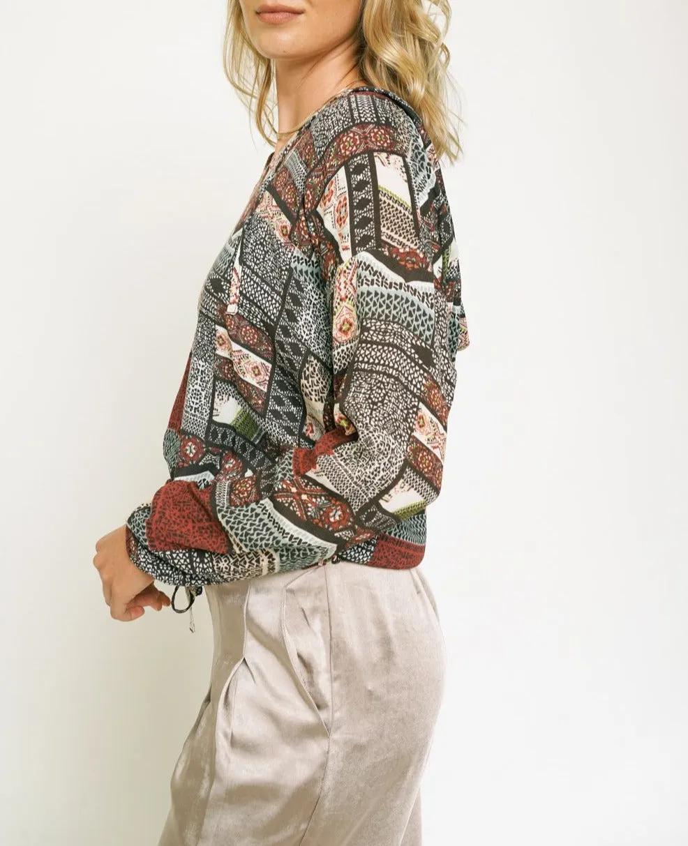 Patch Print Woven Hoodie Pullover