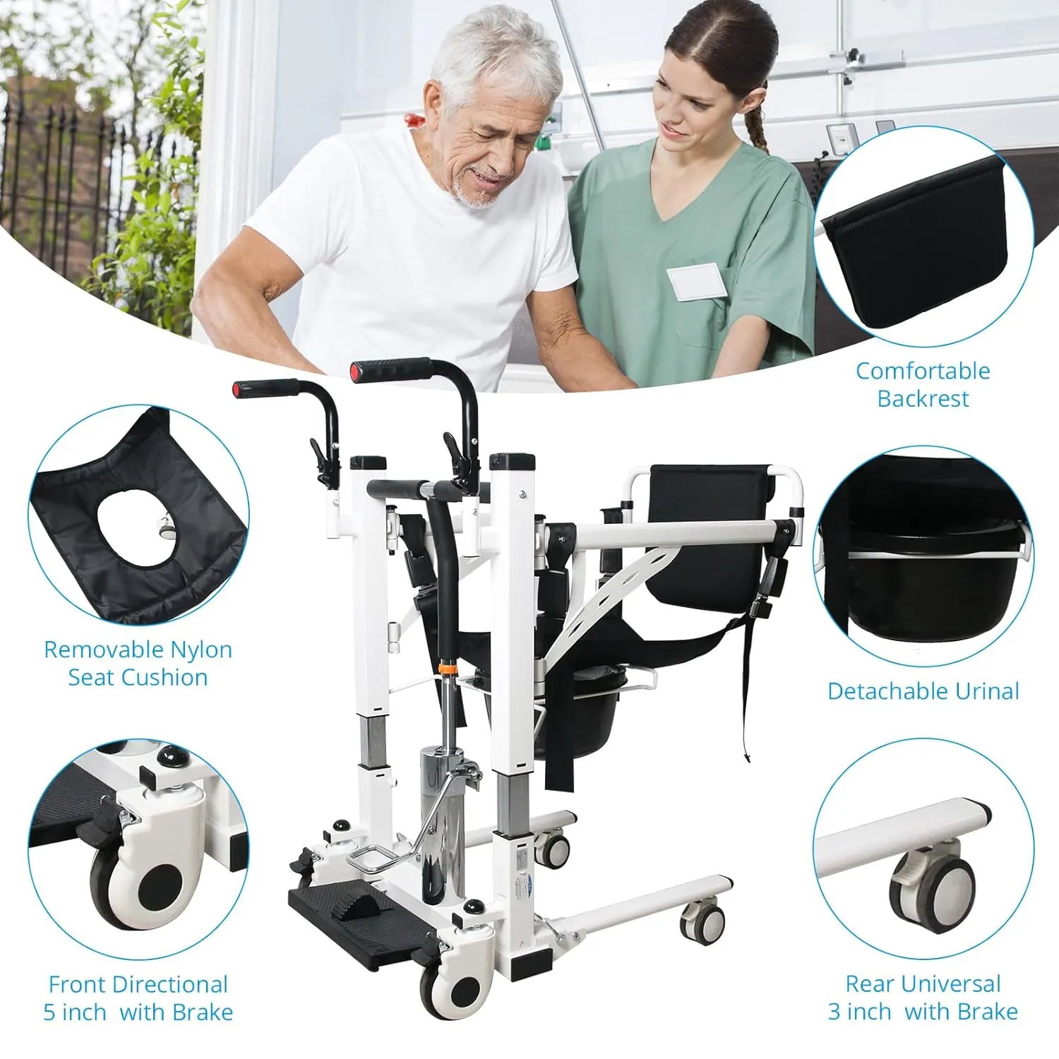 Portable 180° Split Seat Patient Lift Transfer Chair | Hoyer Lifts for Home & Bathroom Use | Hydraulic Elderly Bedside Commode Chair with Potty