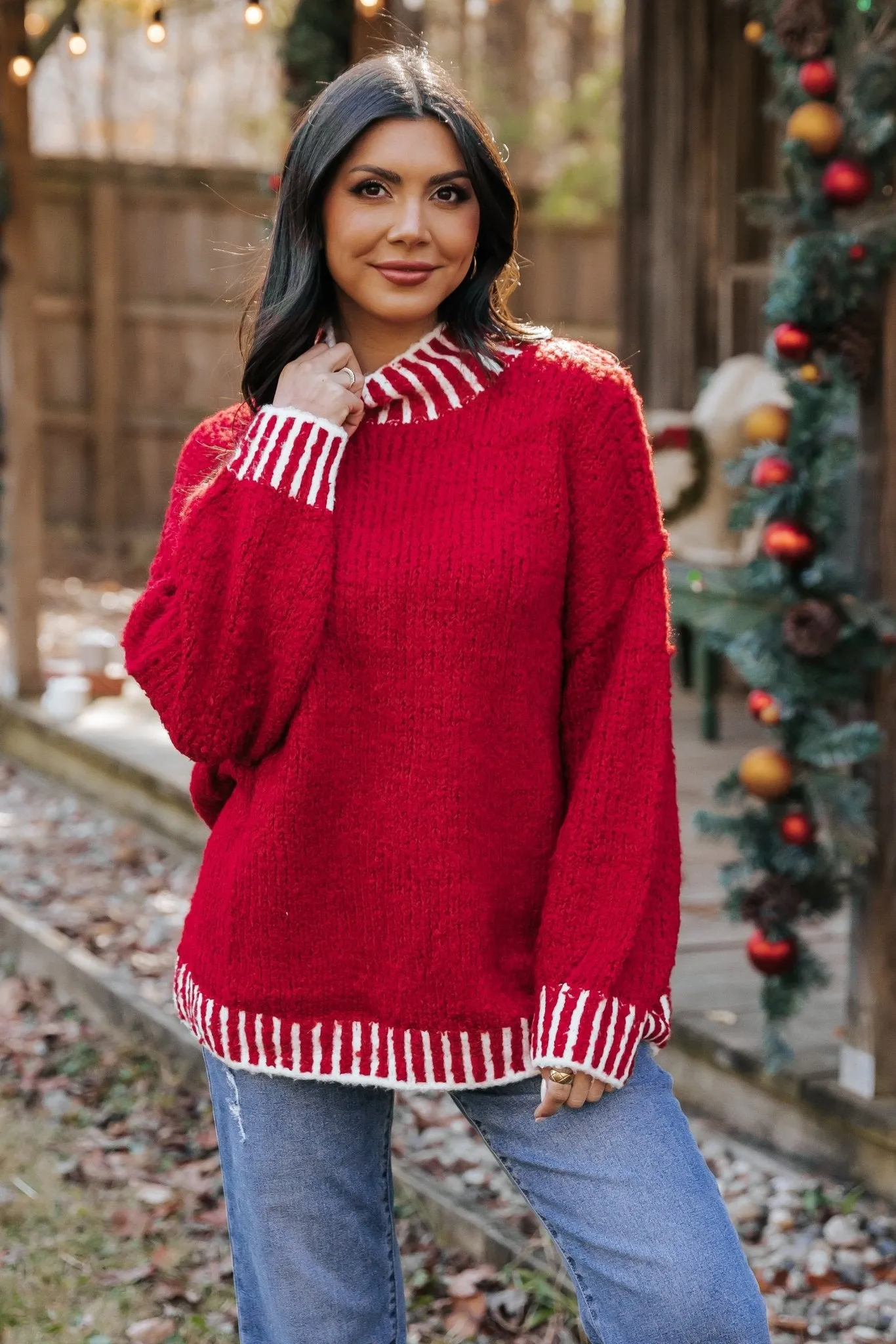 Red and White Contrast Stitch Sweater