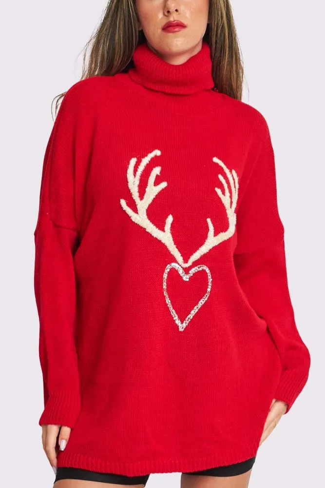 Sequin Heart Textured Antlers Motif Knit Style Oversized Jumper