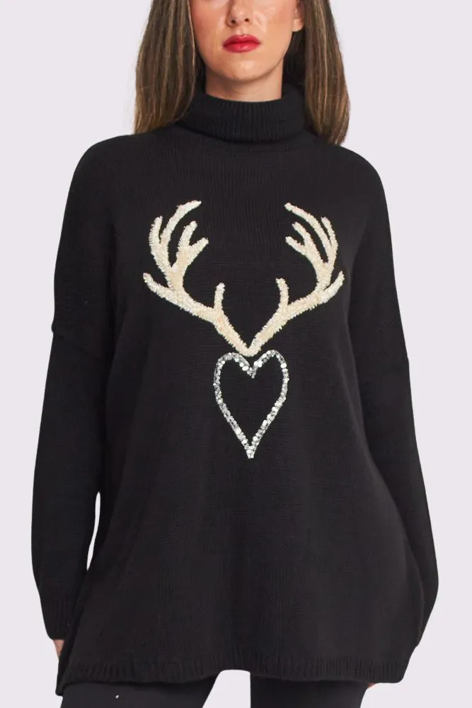 Sequin Heart Textured Antlers Motif Knit Style Oversized Jumper