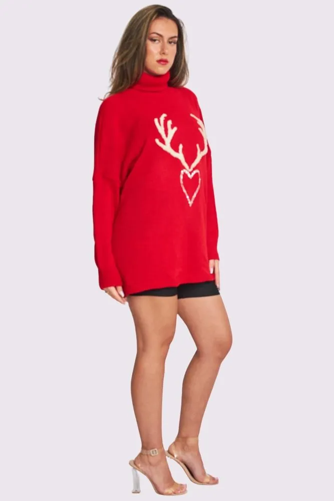 Sequin Heart Textured Antlers Motif Knit Style Oversized Jumper