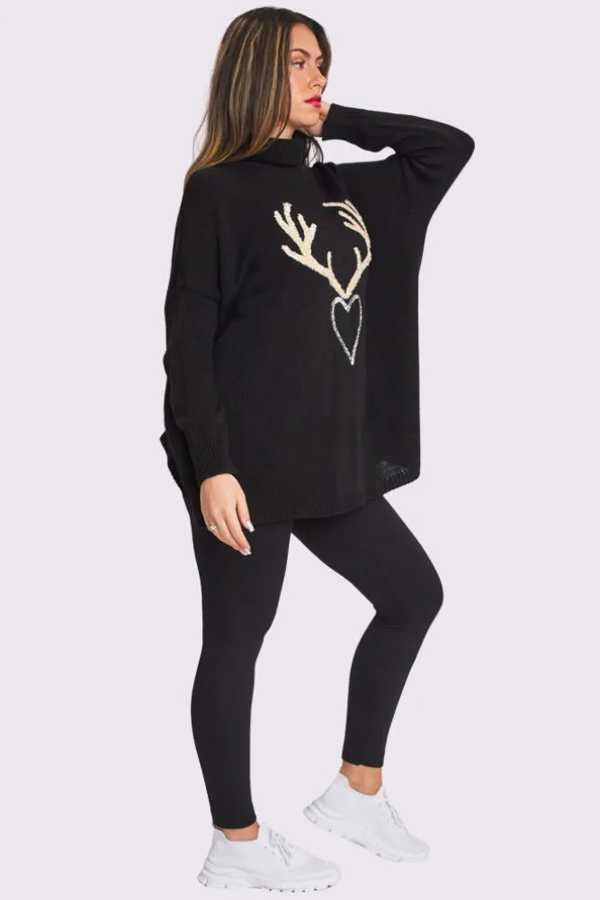 Sequin Heart Textured Antlers Motif Knit Style Oversized Jumper