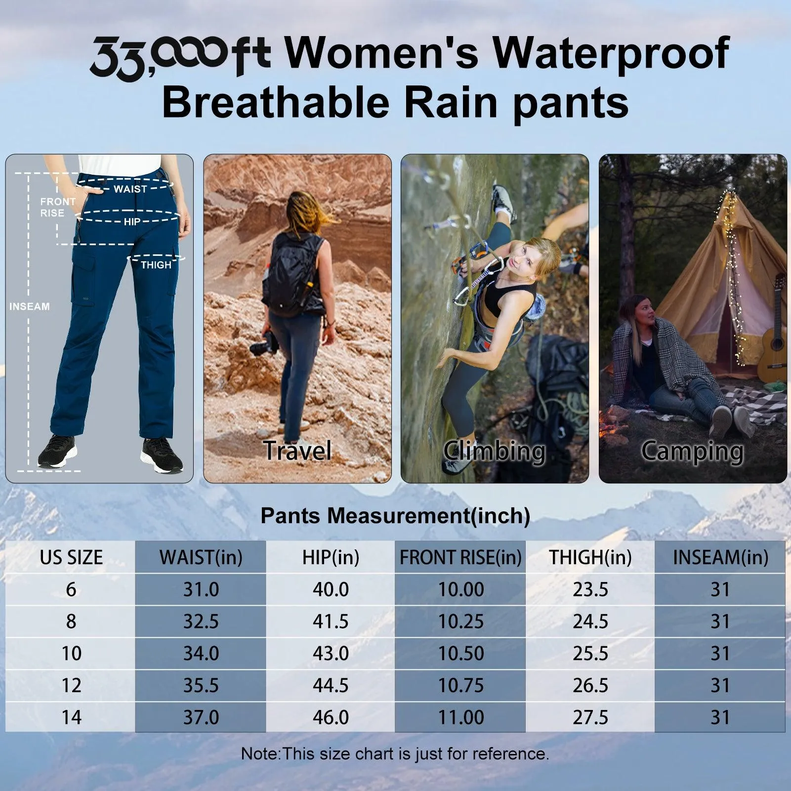 Women's Hiking Rain Pants with 4 Pockets : 10000mm W/P Index 10000 Level Breathable