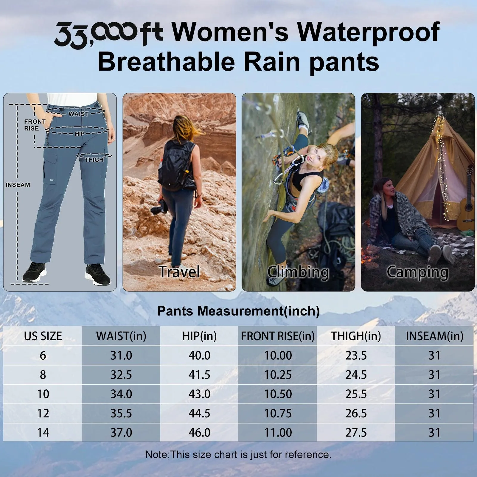 Women's Hiking Rain Pants with 4 Pockets : 10000mm W/P Index 10000 Level Breathable