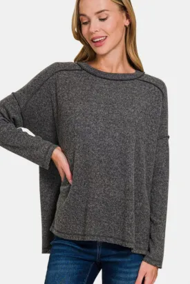 Zenana Exposed Seam Brushed Round Neck Sweater Black